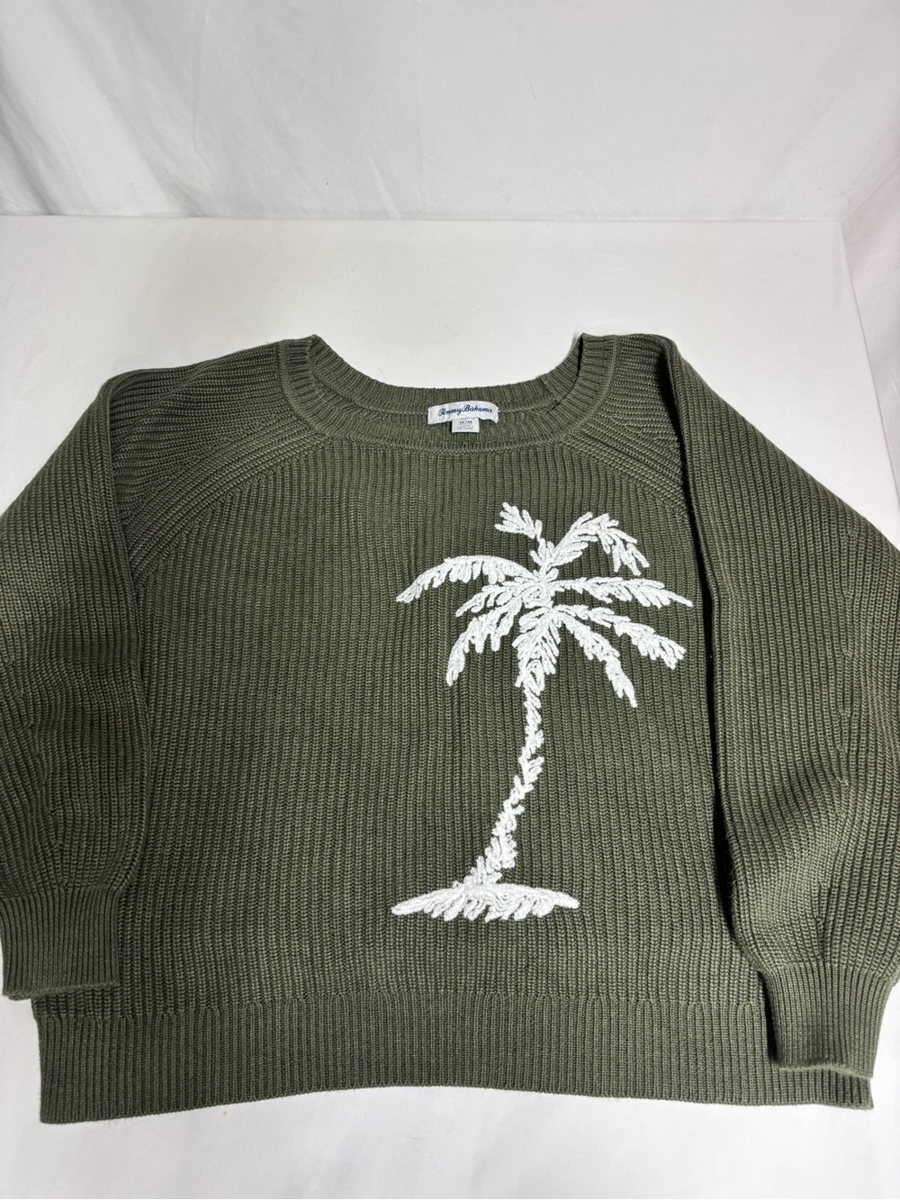 Tommy Bahama Women’s M Olive Green Palm Tree Embroidered Cotton Sweater